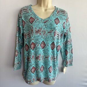 fresh produce Aqua and Rust Diamond V-Neck Long Sleeve Top Medium